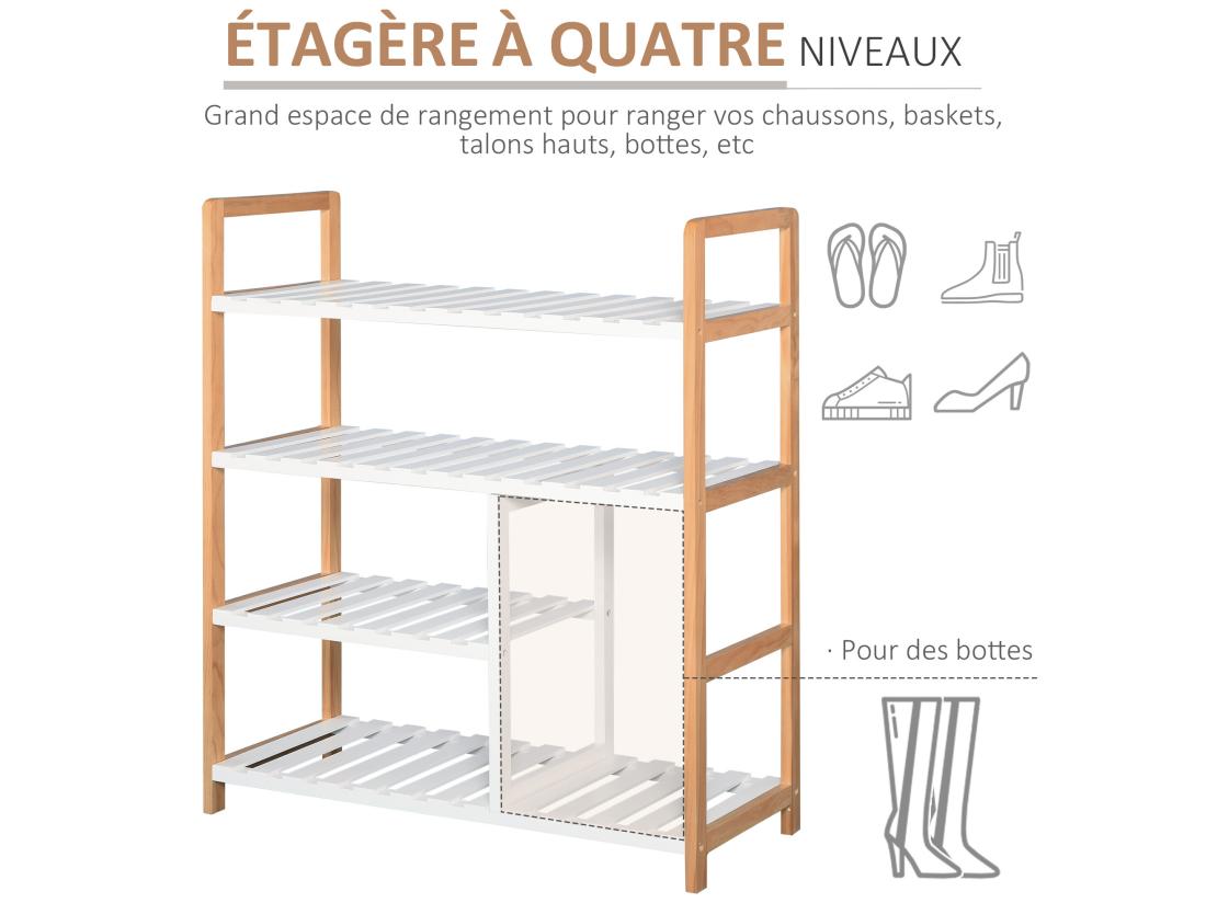 Vente Unique Etagère à Chaussures - étagère De Rangement - Meuble Chaussures 4 Niveaux Bois De Pin étagères à Lattes MDF Blanc