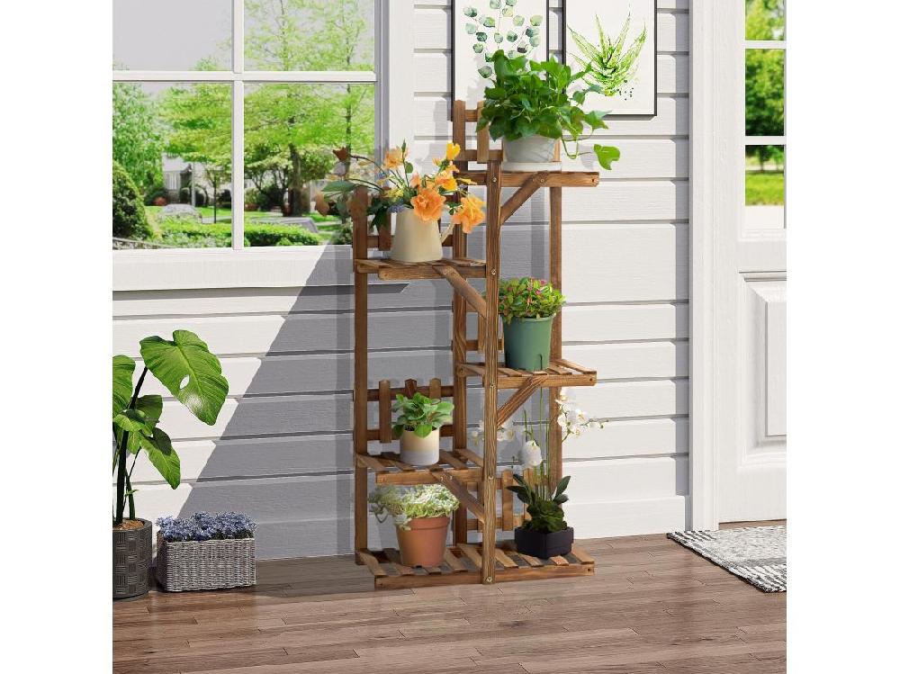 Vente Unique Étagère à Fleurs En Bois - Porte Plante Bois 5 Tablettes Ornement Petites Barrières - Dim. 60L X 30l X 130H Cm - Bois De Sapin Traité Carbonisation