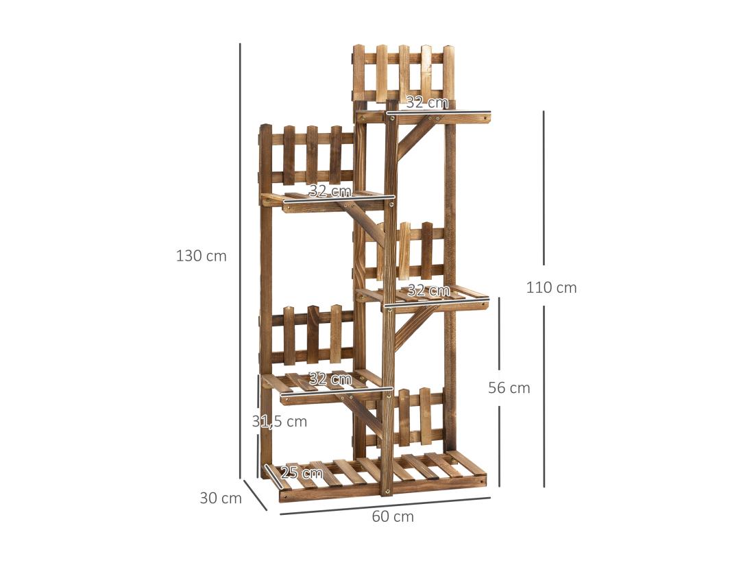 Vente Unique Étagère à Fleurs En Bois - Porte Plante Bois 5 Tablettes Ornement Petites Barrières - Dim. 60L X 30l X 130H Cm - Bois De Sapin Traité Carbonisation