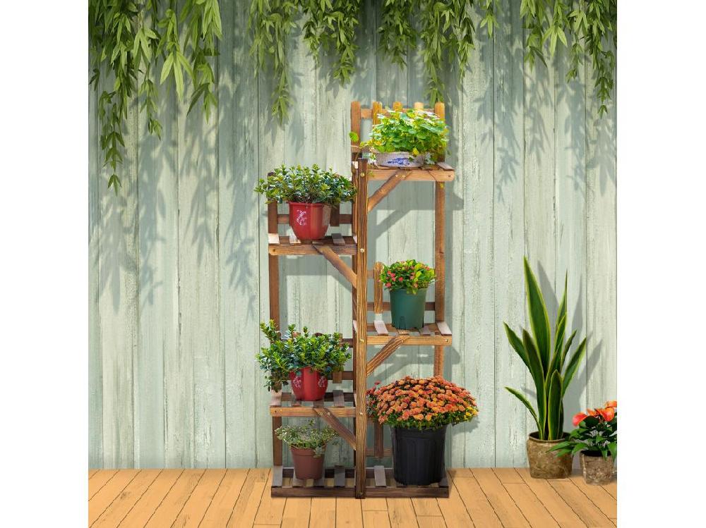 vente unique Étagère à fleurs en bois - porte plante bois 5 tablettes ornement petites barrières - dim. 60L x 30l x 130H cm - bois de sapin traité carbonisation