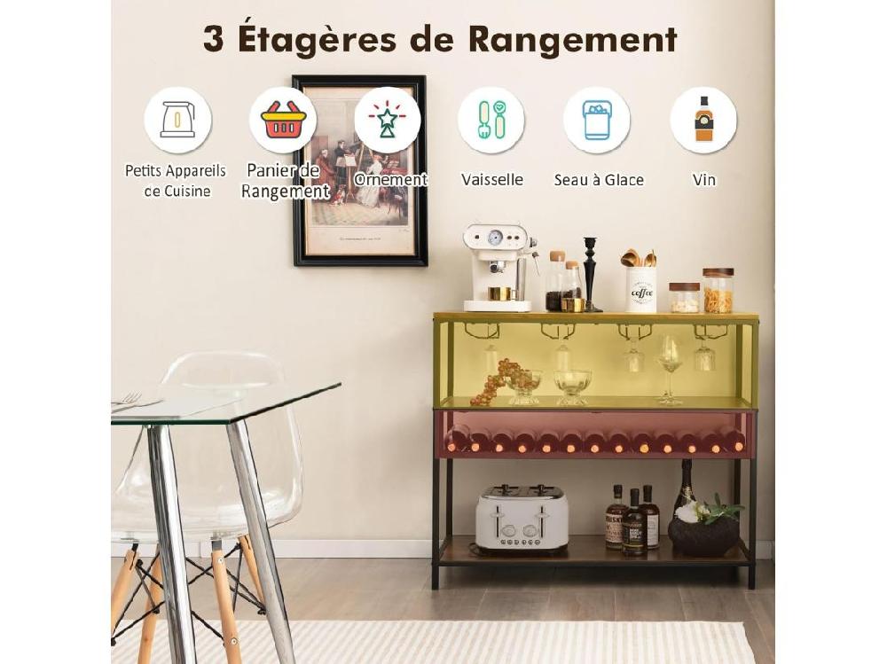 Vente Unique Étagère à Vin 13 Bouteilles Porte-bouteille Avec 4 Rangées Porte-verres Marron Rustique