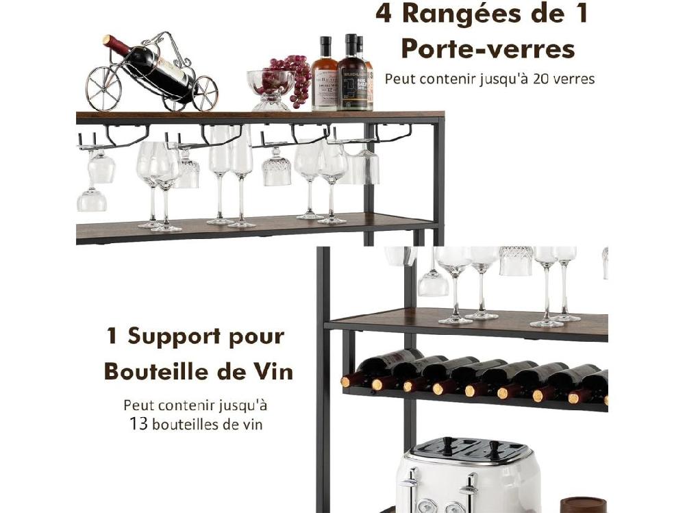 vente unique Étagère à vin 13 bouteilles porte-bouteille avec 4 rangées porte-verres marron rustique