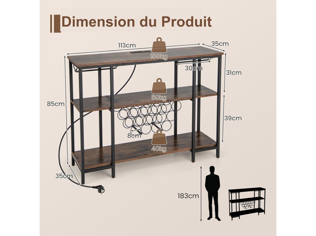 Vente Unique Étagère à Vin 15 Bouteilles Porte-verre Prises De Courant 2 Ports Usb (marron)