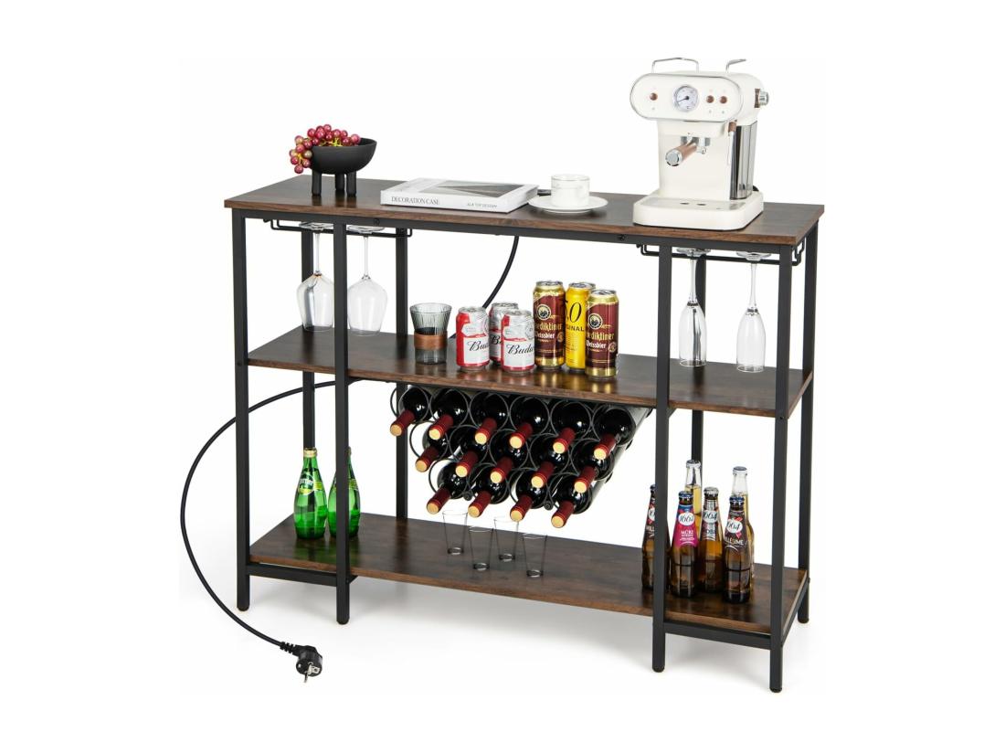 vente unique Étagère à vin 15 bouteilles porte-verre prises de courant 2 ports usb (marron)