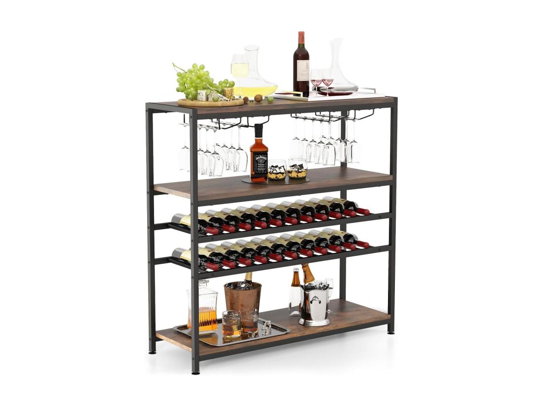 Vente Unique Étagère à Vin 22 Bouteilles 2 Casiers à Vin Et 4 Porte-verres Marron Rustique