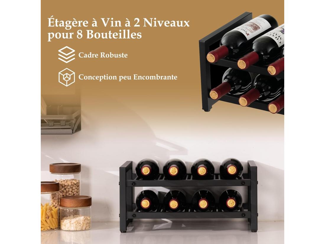Vente Unique Étagère à Vin à 2 Niveaux Pour 8 Bouteilles Surface Antirouille Casier à Vin Noir