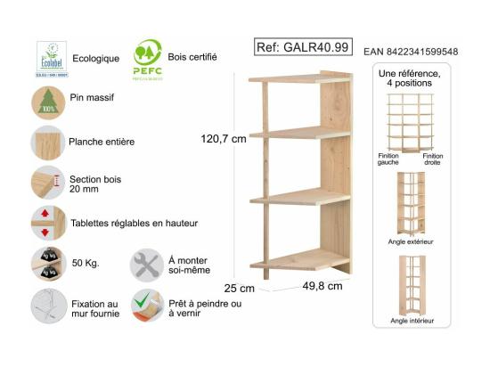 Vente Unique Etagère D'angle En Pin Brut Gala 4 Tablettes