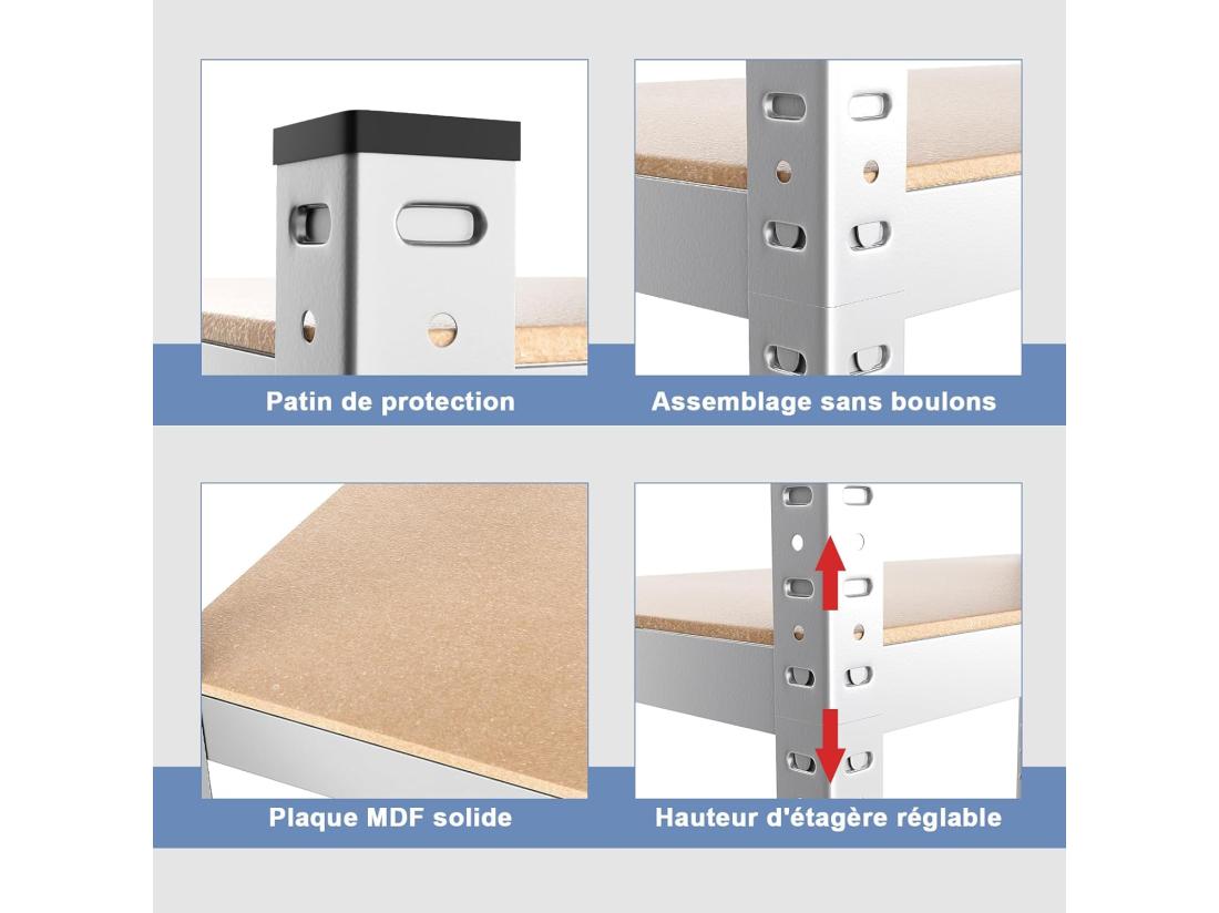Vente Unique Étagère De Rangement à 5 Niveaux 46 X 91 X 183 Cm Charge Lourde Totale 1325 Kg (265 Kg Par Niveau) Pour Garage Cave Atelier Cuisine (Argent)