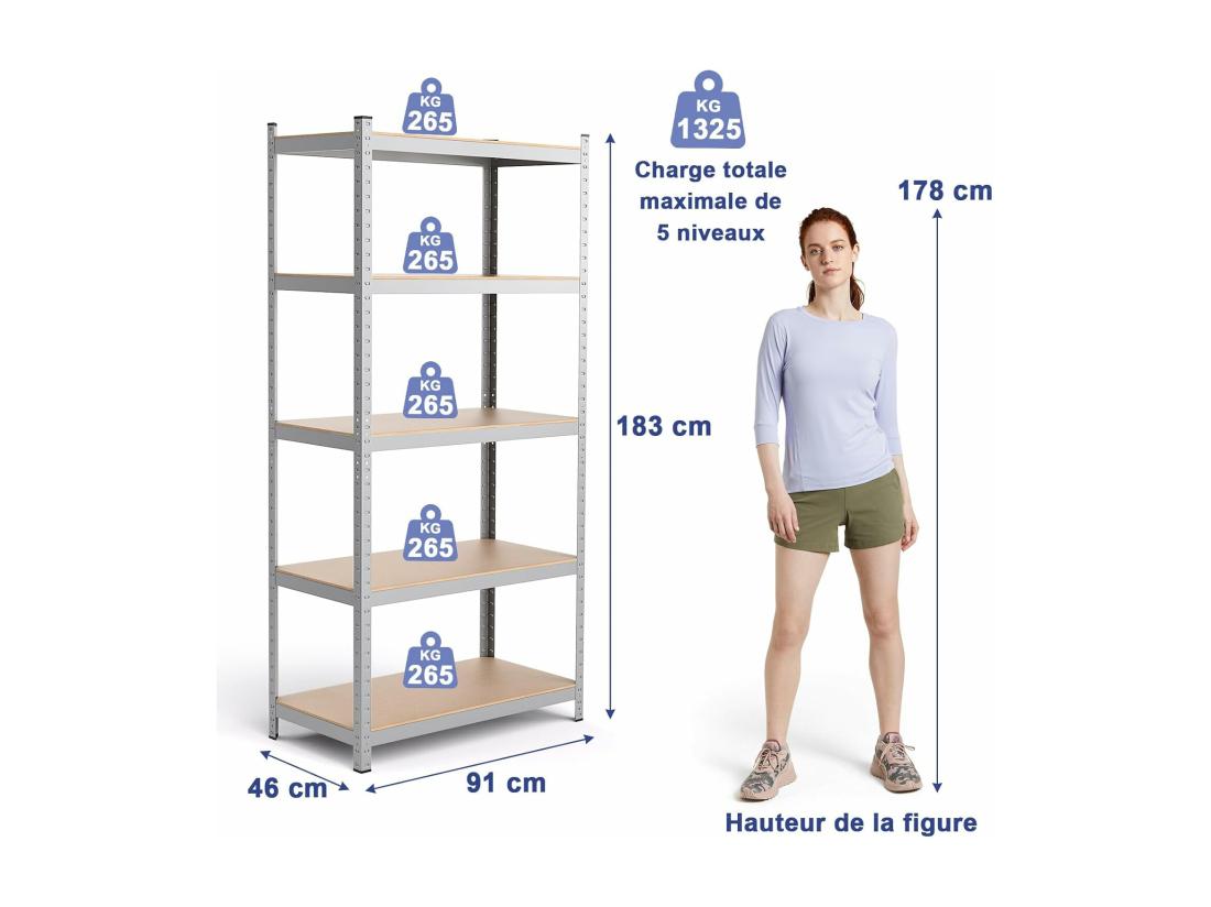 Vente Unique Étagère De Rangement à 5 Niveaux 46 X 91 X 183 Cm Charge Lourde Totale 1325 Kg (265 Kg Par Niveau) Pour Garage Cave Atelier Cuisine (Argent)