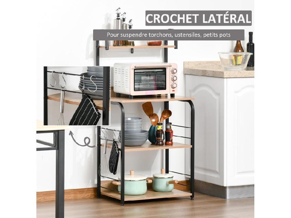 Vente Unique Étagères De Cuisine - étagère Micro-onde - Meuble Micro-onde - 3 étagères Plateau Crochets - Panneaux Particules Aspect Chêne Clair Châssis Métal Noir