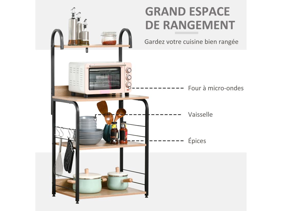 Vente Unique Étagères De Cuisine - étagère Micro-onde - Meuble Micro-onde - 3 étagères Plateau Crochets - Panneaux Particules Aspect Chêne Clair Châssis Métal Noir