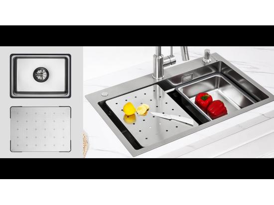 Vente Unique Évier 1 Bac 70×45CM Évier Inox Argent Avec Egouttoir Vasque Distributeur De Savon + Mitigeur De Cuisine En Inox Brossé