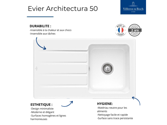 Vente Unique Evier 1 Bac 86 X 51 Cm VILLEROY ET BOCH Architectura 50 Blanc Vidage Automatique Inclus