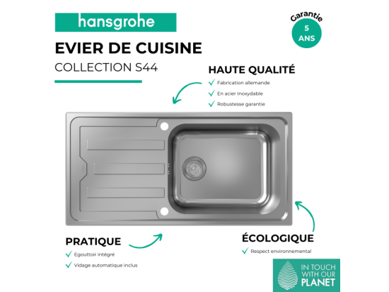 Vente Unique Evier 1 Bac Avec égoutoir HANSGROHE S44 Inox