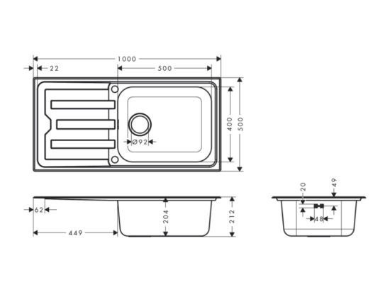 vente unique Evier 1 bac avec égoutoir HANSGROHE S44 inox