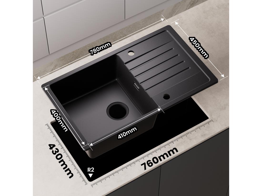 Vente Unique Evier 1 Bac En Quartz Et Résine - Noir Evier Avec Egouttoir 78x45cm + Mitigeur De Cuisine En Inox Noir