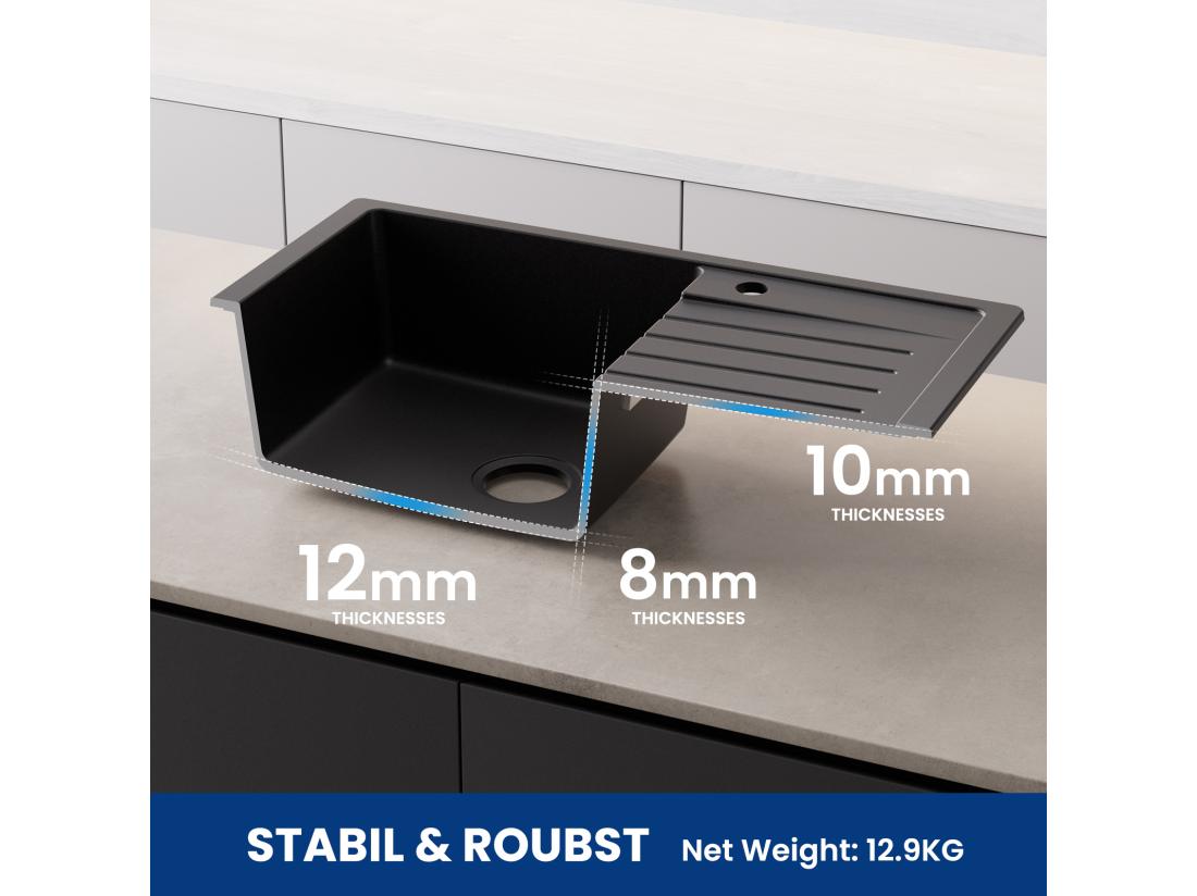 Vente Unique Evier 1 Bac En Quartz Et Résine - Noir Evier Avec Egouttoir 78x45cm + Mitigeur De Cuisine En Inox Noir