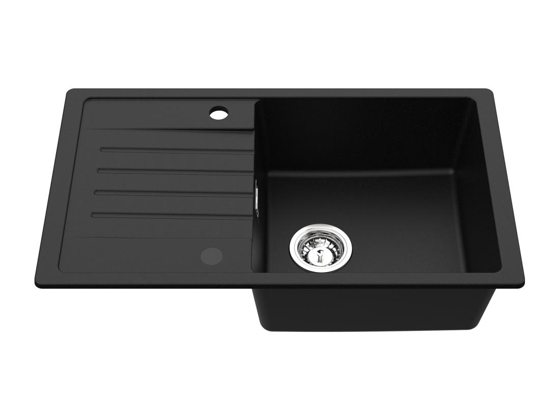 Vente Unique Evier 1 Bac En Quartz Et Résine - Noir Evier Avec Egouttoir 78x45cm + Robinet De Cuisine à Eau Froide Noir