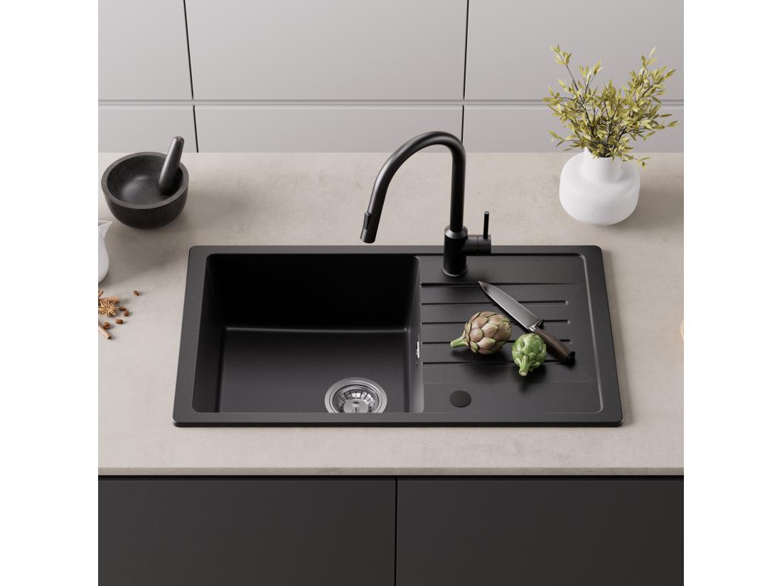 vente unique Evier 1 Bac en Quartz et Résine - Noir Evier avec Egouttoir 78x45cm + Robinet de Cuisine à eau Froide Noir