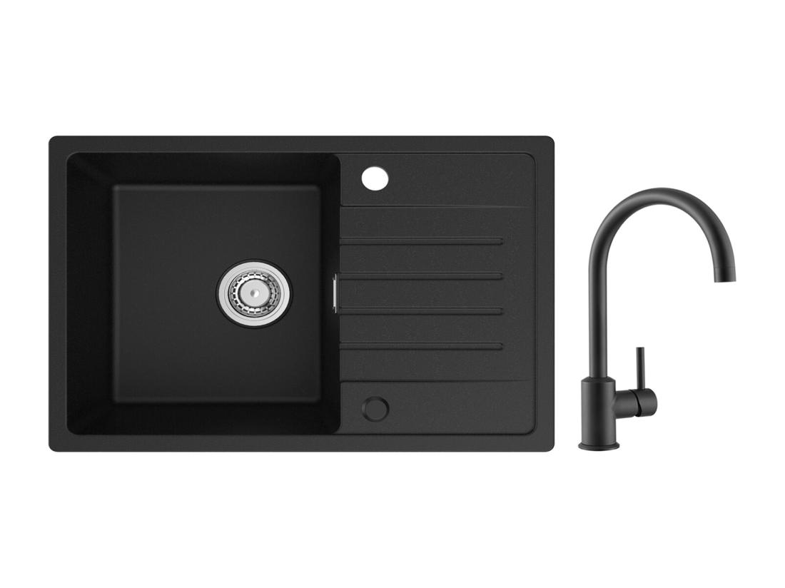 Vente Unique Evier 1 Bac En Quartz Et Résine - Noir Evier Avec Egouttoir 78x45cm + Mitigeur De Cuisine En Inox Noir