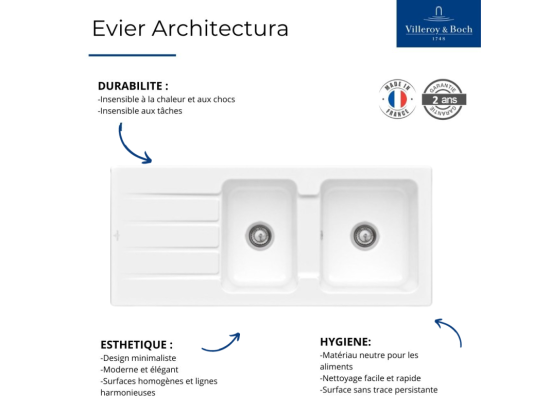 Vente Unique Evier 1 Bac Et Demi 116 X 51 Cm VILLEROY ET BOCH Architectura 80 Blanc Vidage Automatique Inclus