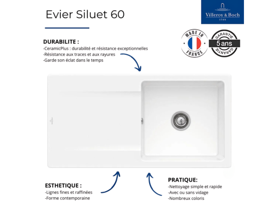 Vente Unique Evier 1 Bac VILLEROY ET BOCH Siluet 60 Blanc CeramicPlus