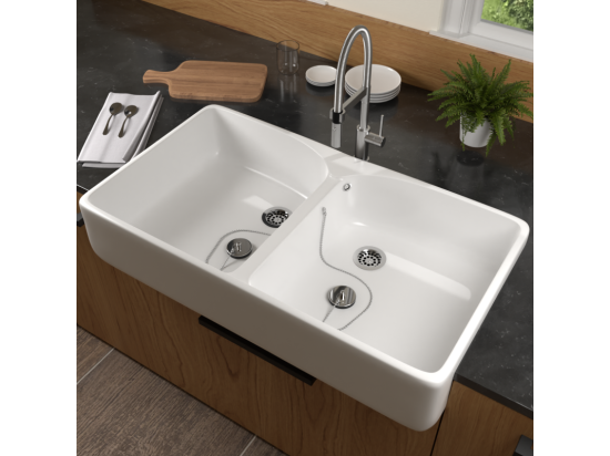 Vente Unique Evier 2 Bacs Blanc VILLEROY ET BOCH O Novo 22 X 79 5 X 51 Cm Avec Trop-plein