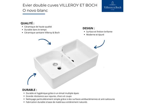 Vente Unique Evier 2 Bacs Blanc VILLEROY ET BOCH O Novo 22 X 79 5 X 51 Cm Avec Trop-plein