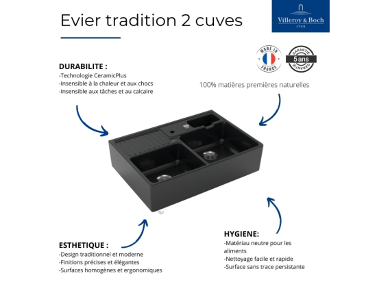 Vente Unique Evier 2 Bacs Timbre Office VILLEROY ET BOCH Tradition Pure Black CeramicPlus Avec Vidage Automatique