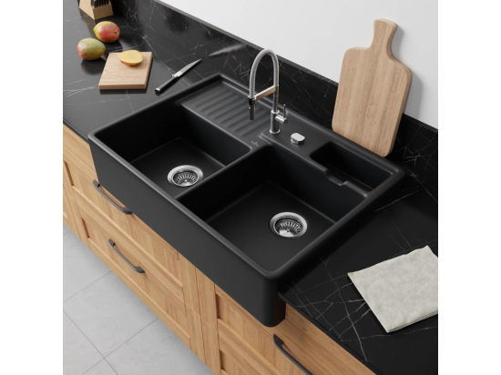 Vente Unique Evier 2 Bacs Timbre Office VILLEROY ET BOCH Tradition Pure Black CeramicPlus Avec Vidage Automatique