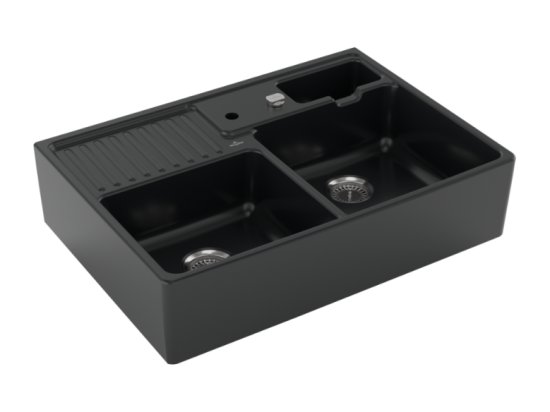vente unique Evier 2 bacs timbre office VILLEROY ET BOCH Tradition Pure Black CeramicPlus avec vidage automatique
