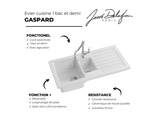 vente unique Evier à encastrer 1 bac et demi JACOB DELAFON Gaspard + robinet de cuisine Louise