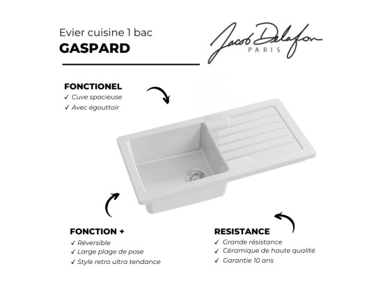 Vente Unique Evier à Encastrer 1 Bac JACOB DELAFON Gaspard + Robinet Cuisine Louise