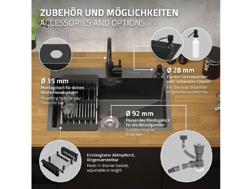Vente Unique Évier à Encastrer Anthracite 68x45cm Vidage Distributeur Savon+ Panier-égouttoir