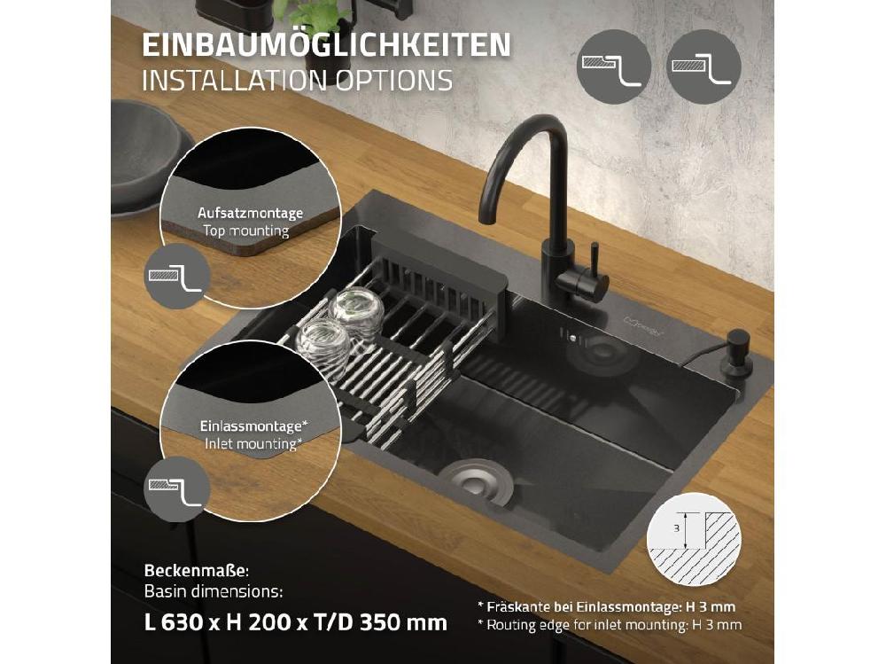 Vente Unique Évier à Encastrer Anthracite 68x45cm Vidage Distributeur Savon+ Panier-égouttoir