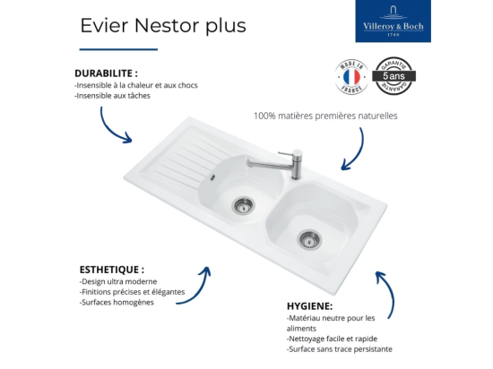 Vente Unique Evier Céramique à Encastrer 2 Bacs 113x51cm VILLEROY ET BOCH Nestor Plus