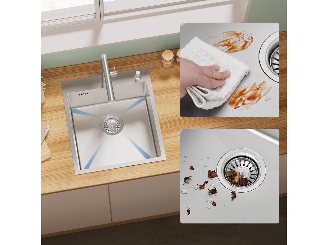 Vente Unique Évier Cuisine 1 Bac 44*49*20 CM Lavabo Cuisine Avec Distributeur Savon Inox 304 Évier Encastré/à Poser Évier Avec Trou De Montage Pour Robinet