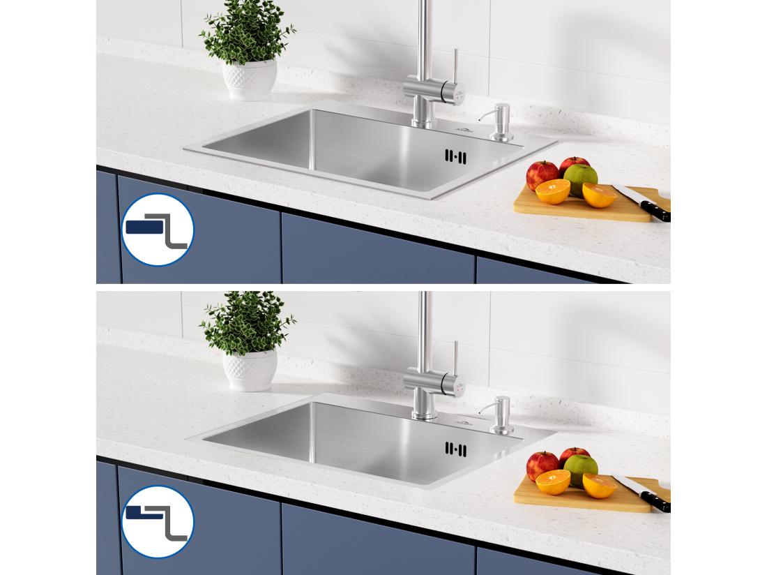Vente Unique Évier Cuisine 1 Bac 55*45CM Évier Encastré/ à Poser Avec Distributeur Savon+Mitigeur Cuisine Avec Douchette Extractible 2 Modes Brossé