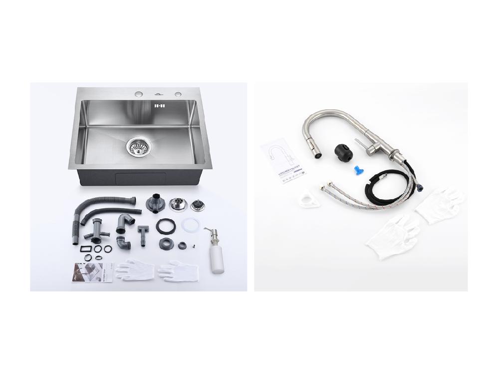 Vente Unique Évier Cuisine 1 Bac 55*45CM Évier Encastré/ à Poser Avec Distributeur Savon+Mitigeur Cuisine Avec Douchette Extractible 2 Modes Brossé