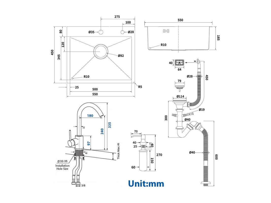 Vente Unique Évier Cuisine 1 Bac 55*45CM Noir+Robinet Cuisine Noir Rotatif 360° Mitigeur Cuisine Eau Froide Et Chaude Avec Aérateur Démontable