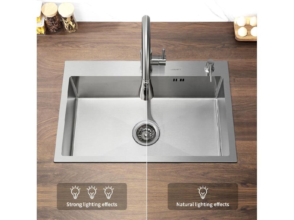 Vente Unique Évier Cuisine 1 Bac 68*45*19CM INOX Trop Plein Évier à Encastrer Avec Distrubuteur Savon Et Égouttoir Panier Brossé EU Modèle