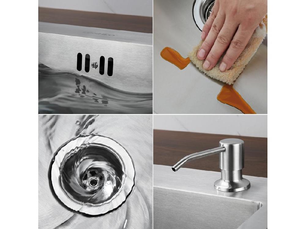 Vente Unique Évier Cuisine 1 Bac 68*45*19CM INOX Trop Plein Évier à Encastrer Avec Distrubuteur Savon Et Égouttoir Panier Brossé EU Modèle