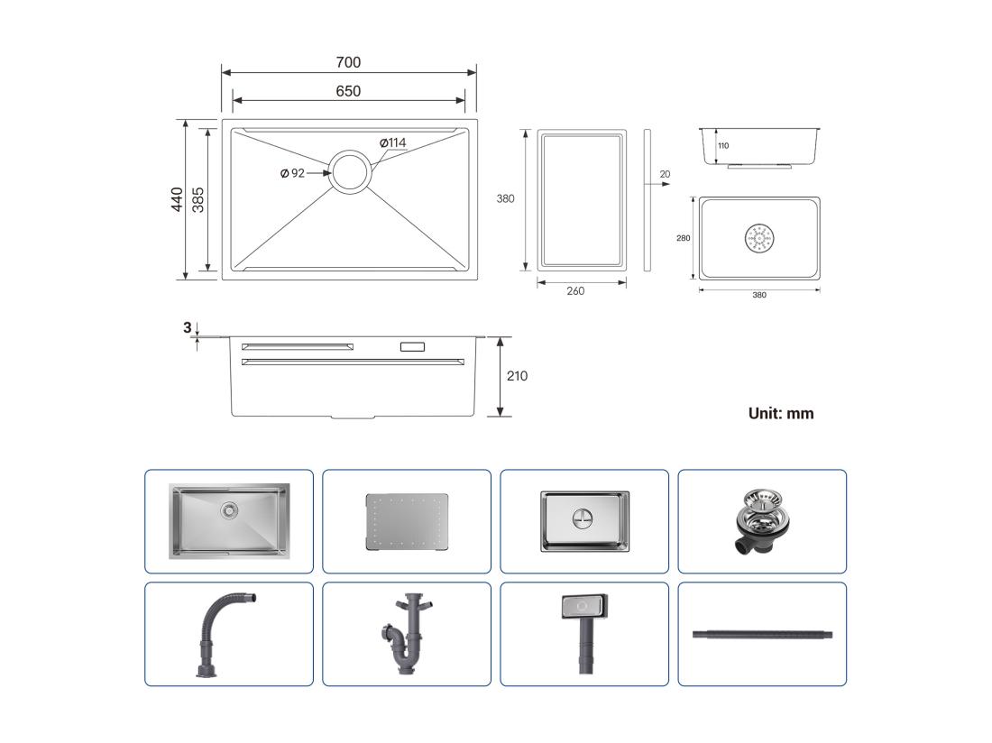 Vente Unique Évier Cuisine 1 Bac 70×44×21CM Évier Inox Brossé Avec Egouttoir Et Vasque + Mitigeur Avec Douchette Extractible Brossé