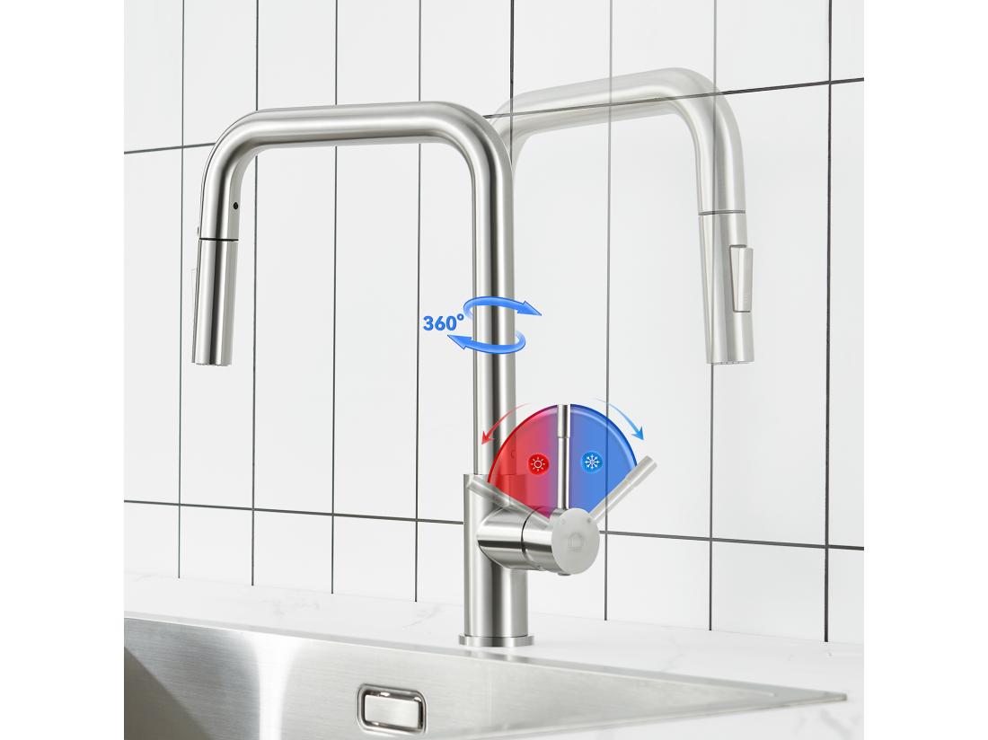 Vente Unique Évier Cuisine 1 Bac 70×44×21CM Évier Inox Brossé Avec Egouttoir Et Vasque + Mitigeur Avec Douchette Extractible Brossé