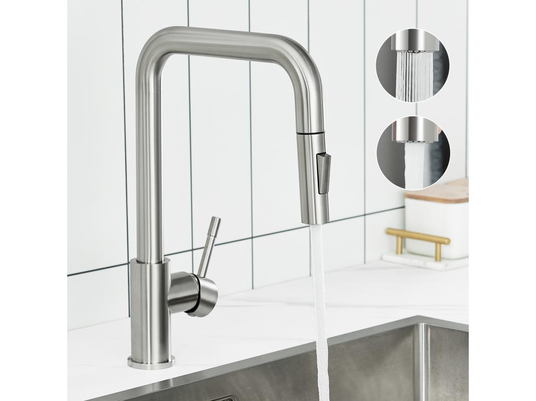 vente unique Évier Cuisine 1 Bac 70×44×21CM Évier Inox Brossé avec Egouttoir et Vasque + Mitigeur avec Douchette Extractible Brossé
