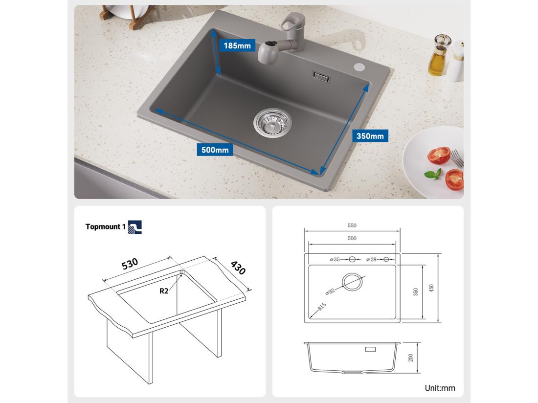Vente Unique Évier Cuisine 1 Bac En Granit 55*45*20cm Kit De Vidage Évier Cuisine Encastré Trous De Montage Pour Robinet/Distributeur Savon Gris EU Modèle