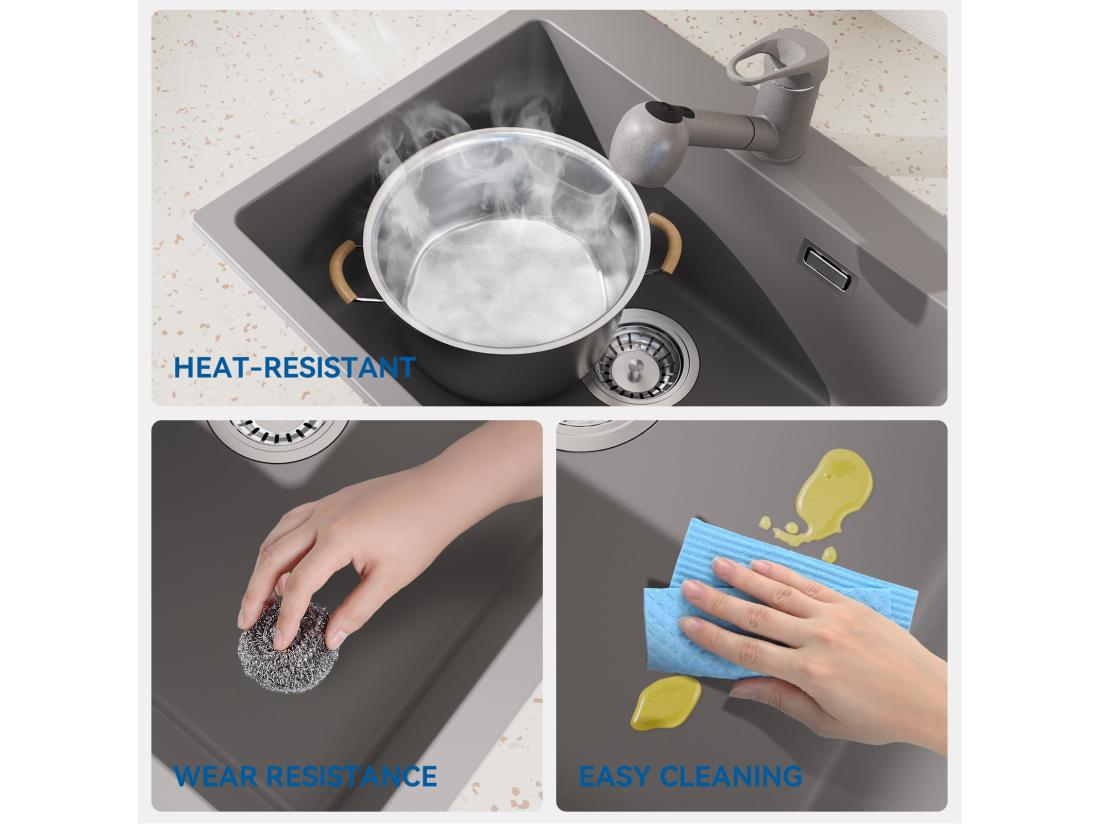 Vente Unique Évier Cuisine 1 Bac En Granit 55*45*20cm Kit De Vidage Évier Cuisine Encastré Trous De Montage Pour Robinet/Distributeur Savon Gris EU Modèle