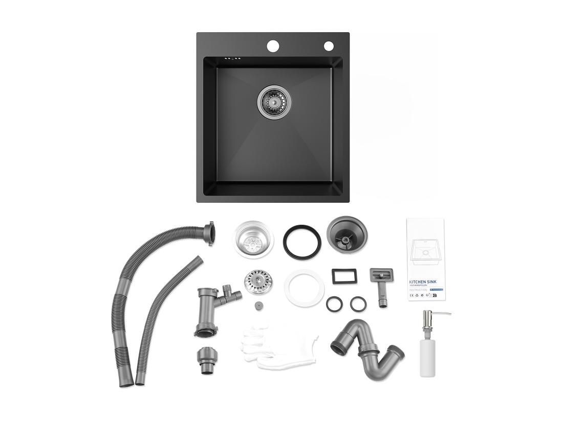 Vente Unique Évier Cuisine 1 Bac Gris Noir 44*49*20 CM Lavabo Cuisine Avec Distributeur Savon Inox Évier Encastré/à Poser Évier Avec Trou Montage Pour Robinet