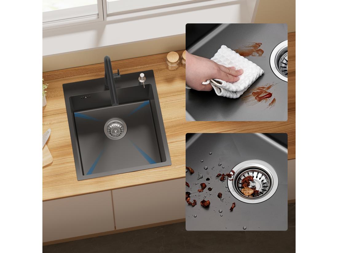 vente unique Évier Cuisine 1 Bac Gris Noir 44*49*20 CM Lavabo Cuisine avec Distributeur Savon Inox Évier encastré/à Poser Évier avec Trou Montage pour Robinet