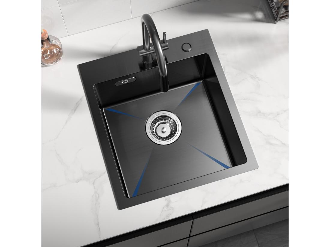Vente Unique Evier Cuisine 1 Bac Noir Anthracite 40*45*19CM - Évier Inox Évier De Cuisine + Mitigeur Cuisine Avec Douchette Extractible